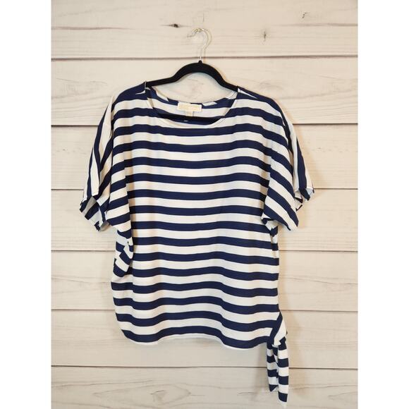 Michael Kors Tops - Michael Kors Women's Blue White Striped Side Tie Short Sleeve Blouse Size Medium
